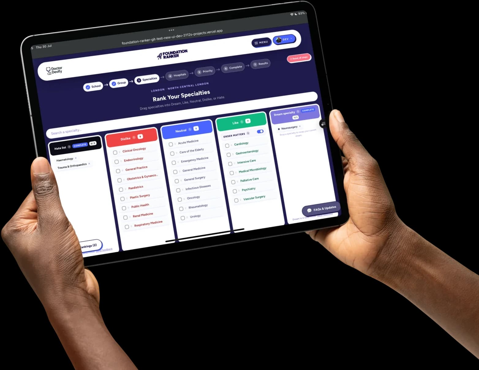 Foundation Ranker open on a tablet, at the specialty ranking step